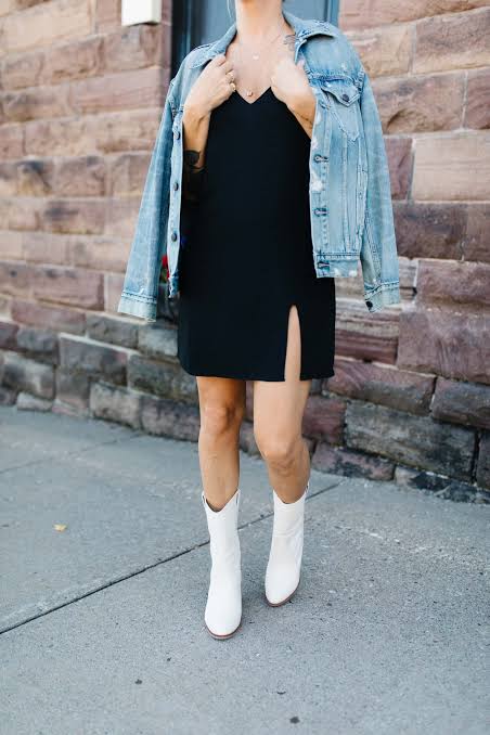 Black Mini Dress with High Slit and Denim Jacket Black Mini Dress with High Slit and Denim Jacket — Cowgirl Dress 2027