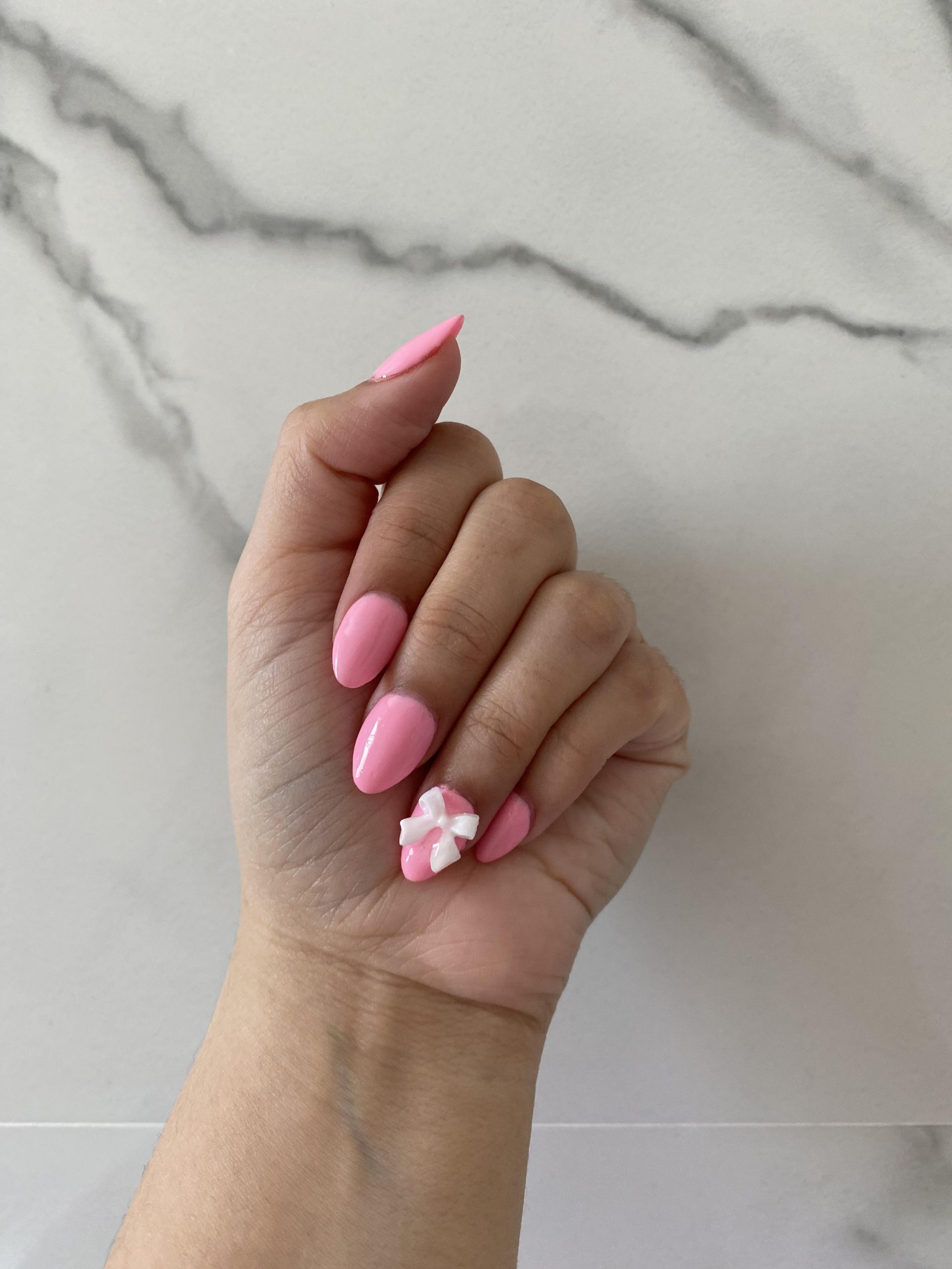 Bright Pink Oval with 3D White Bow Charm — Pink Bow Nails 2027