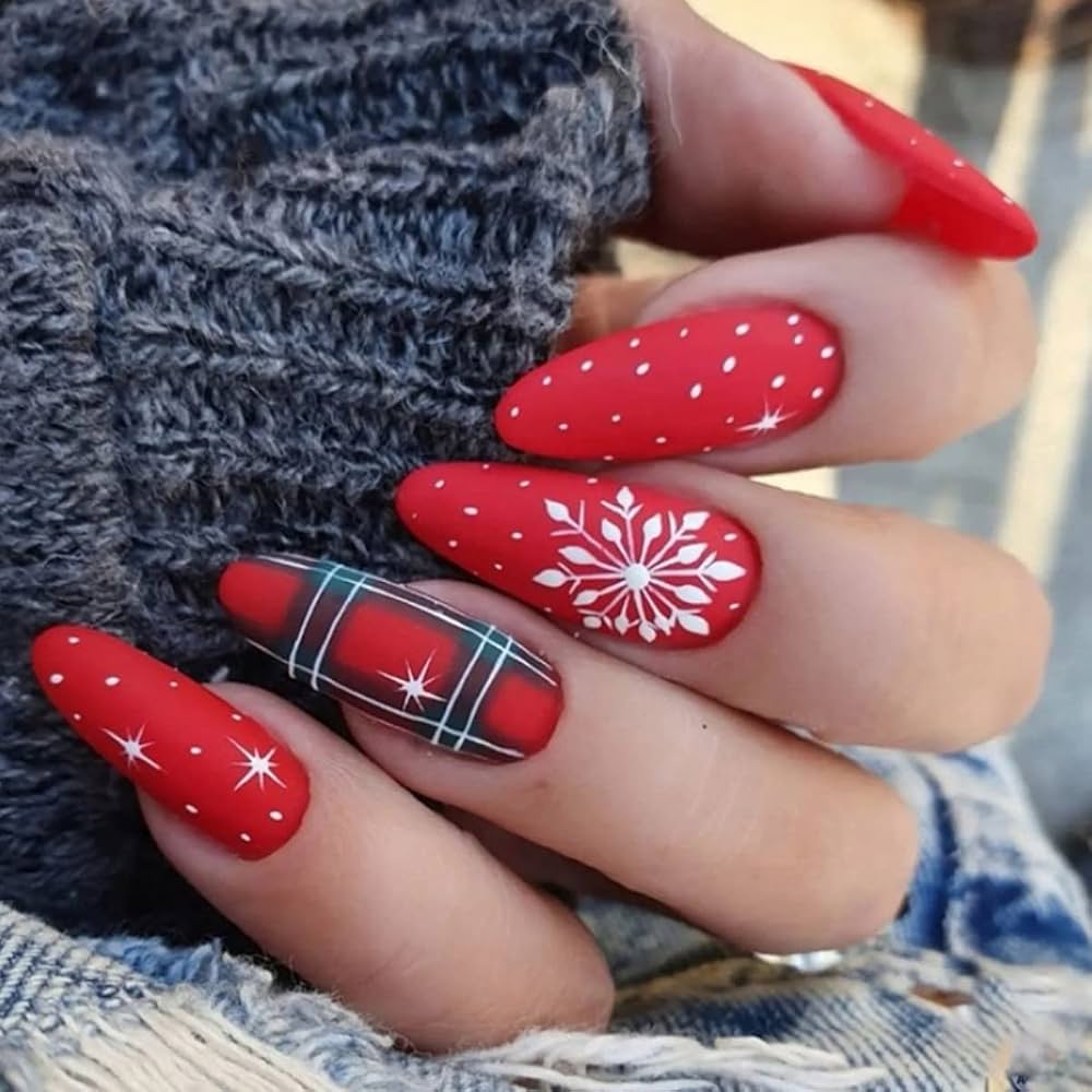 Matte Red Plaid Snowflake Nails Matte Red Plaid Snowflake Nails — Medium Length Winter Nails 2027