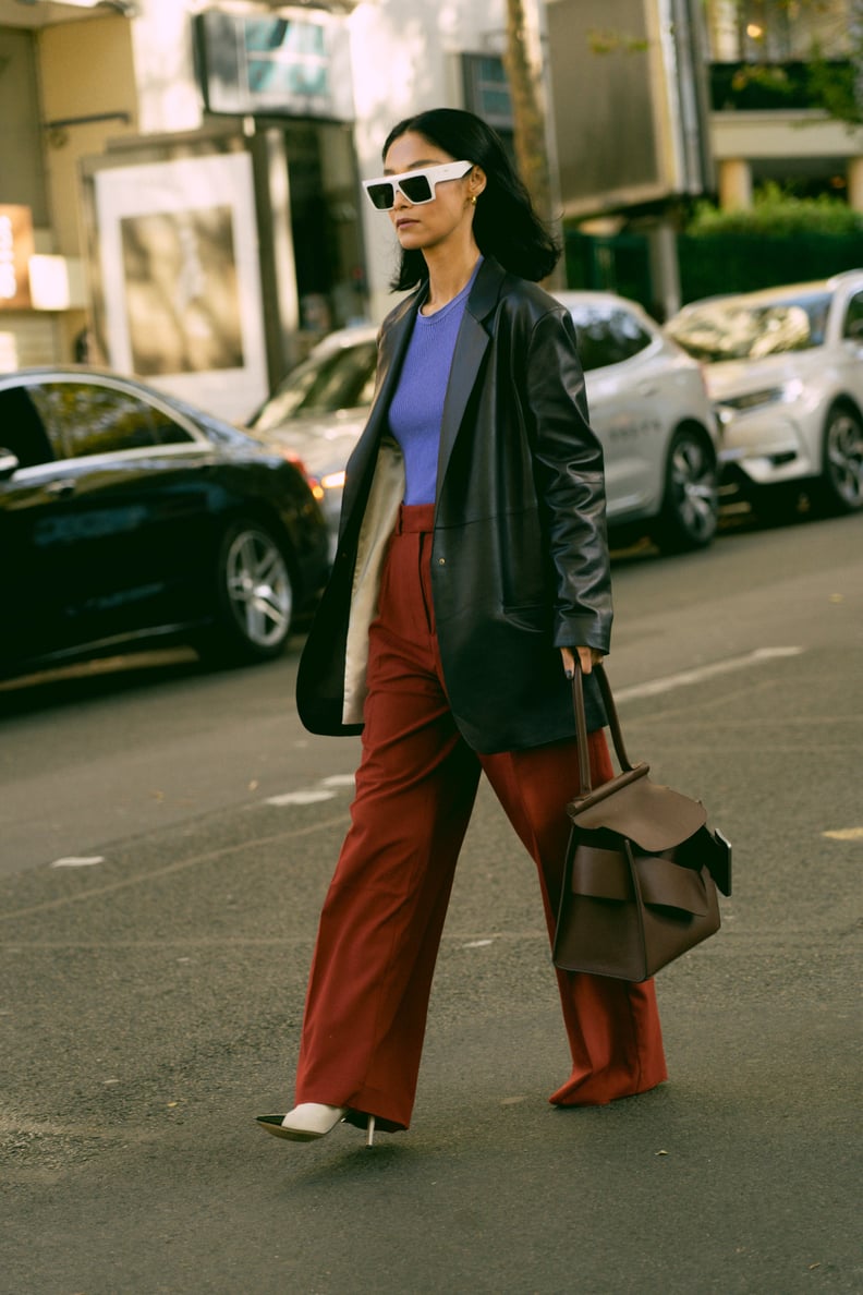 Oversized Faux Leather Blazer with Burgundy Trousers Oversized Faux Leather Blazer with Burgundy Trousers — Business Casual Outfits 2027