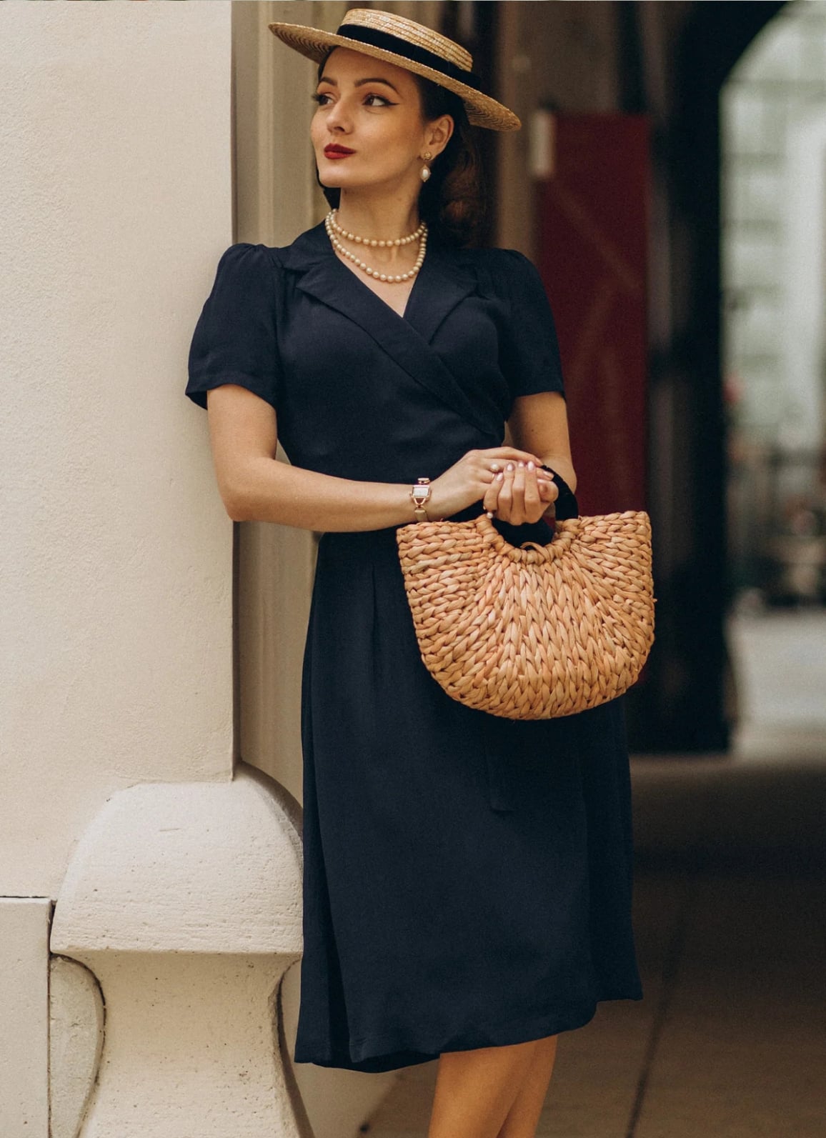 Navy Wrap Dress with Straw Boater Hat and Pearl Necklace Navy Wrap Dress with Straw Boater Hat and Pearl Necklace — Pin Up Outfits 2027