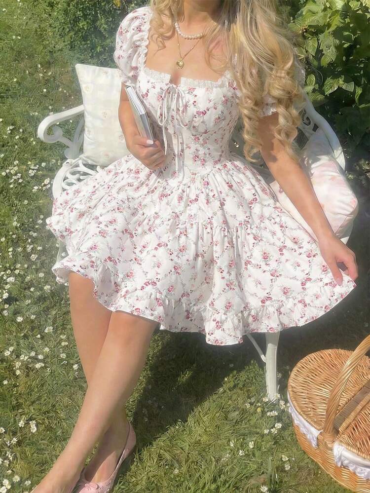 White Pink Floral Milkmaid Dress with Smocked Bodice and Pink Ballet Flats White Pink Floral Milkmaid Dress with Smocked Bodice and Pink Ballet Flats — Milkmaid Dresses 2027
