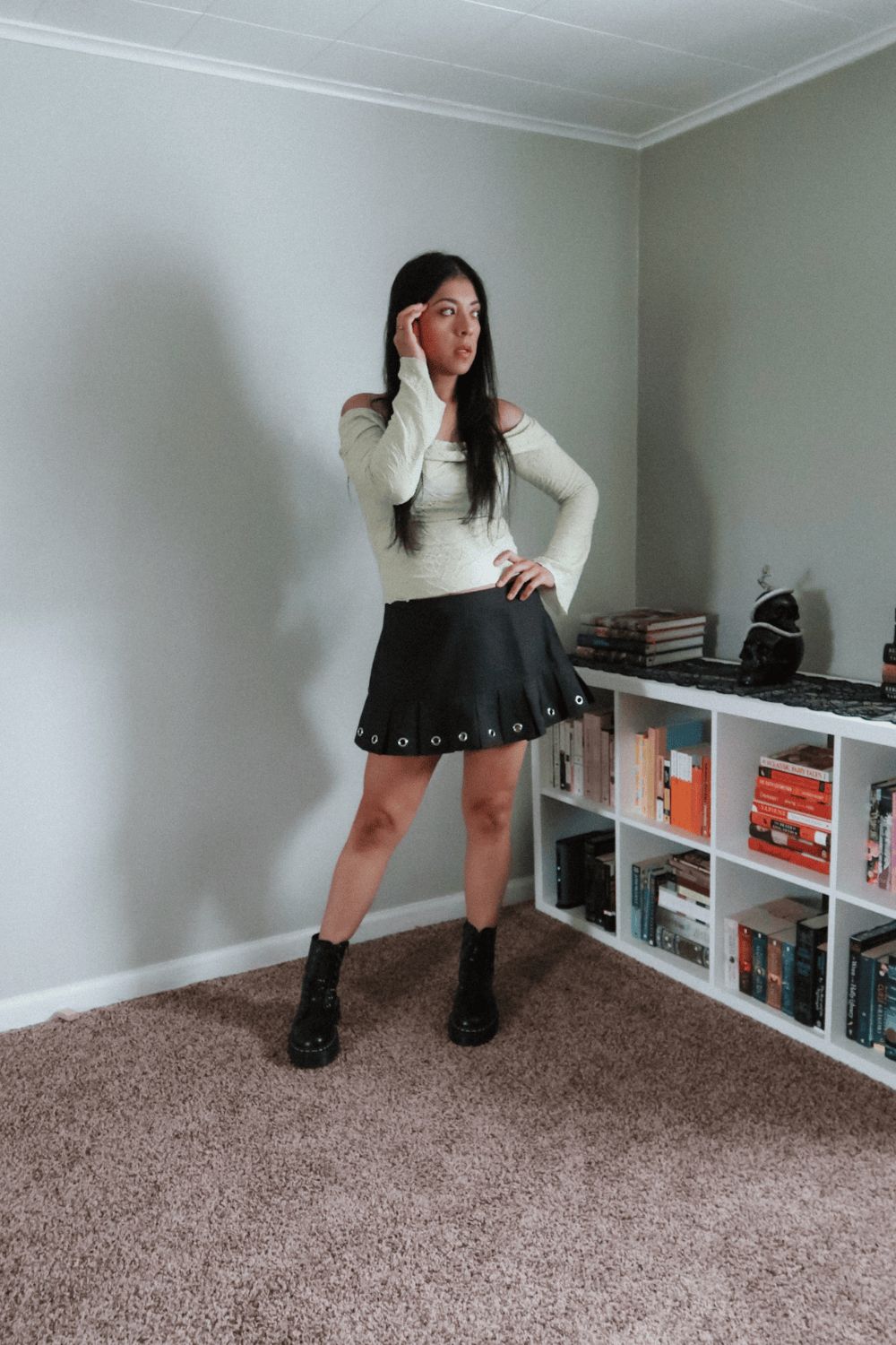 Off-the-Shoulder Long-Sleeve Top and Grommet Mini Skirt — Concert Outfits 2027