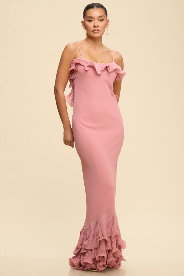 Blush Pink Crepe Maxi Dress with Ruffled Details Blush Pink Crepe Maxi Dress with Ruffled Details — Blush Rehearsal Dinner Dress 2027