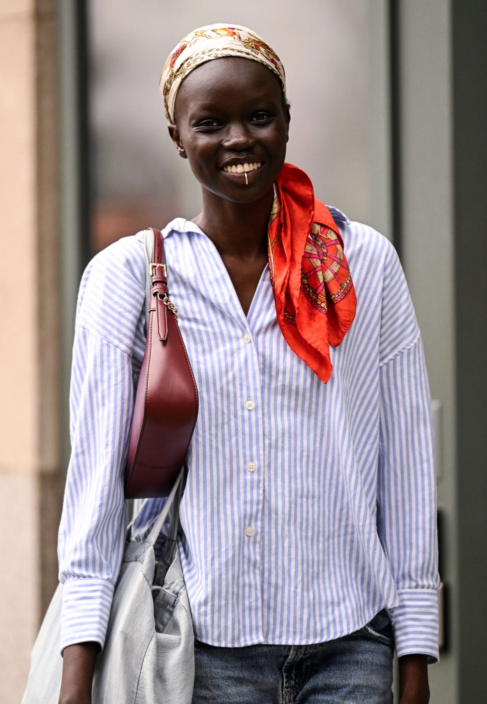 Effortless Weekend: Red Scarf with Striped Shirt and Jeans Effortless Weekend: Red Scarf with Striped Shirt and Jeans — Hair Scarf Outfits 2027