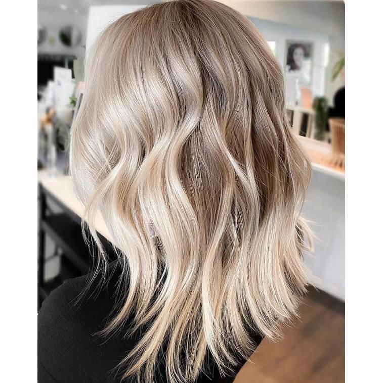 Platinum Blonde Balayage Lob With Dark Roots — Balayage Lob 2027