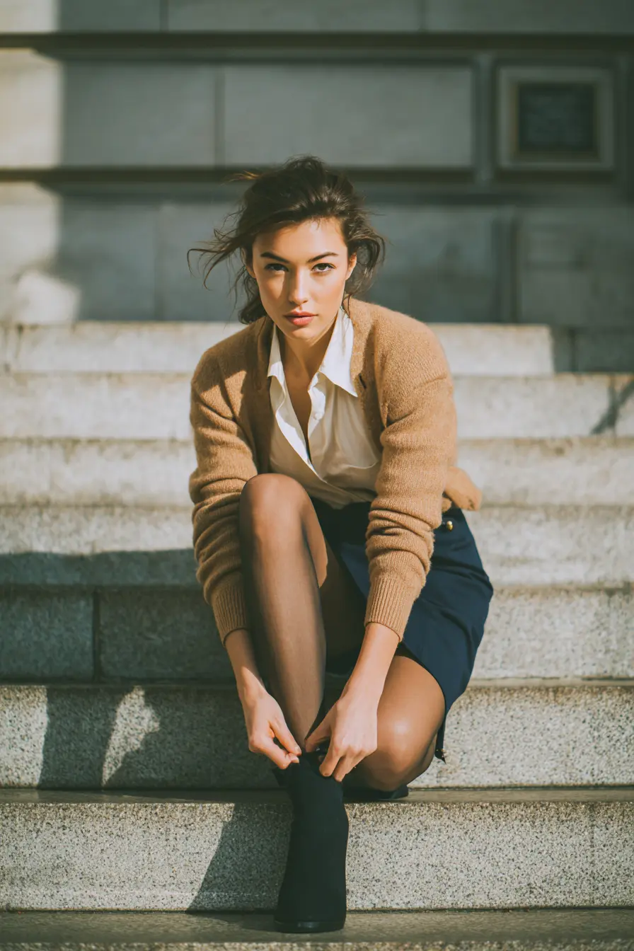 Camel Cardigan and Navy Mini Skirt Camel Cardigan and Navy Mini Skirt — Winter Outfits 2027 for Work