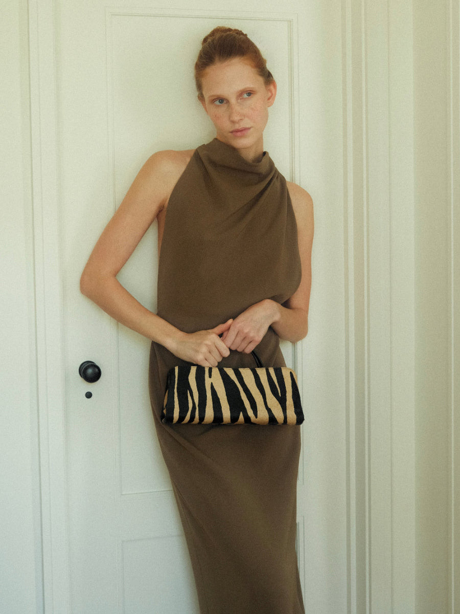 Olive-Brown Draped Dress and Zebra Print Clutch Bag Olive-Brown Draped Dress and Zebra Print Clutch Bag — Baguette Bag Aesthetic 2027