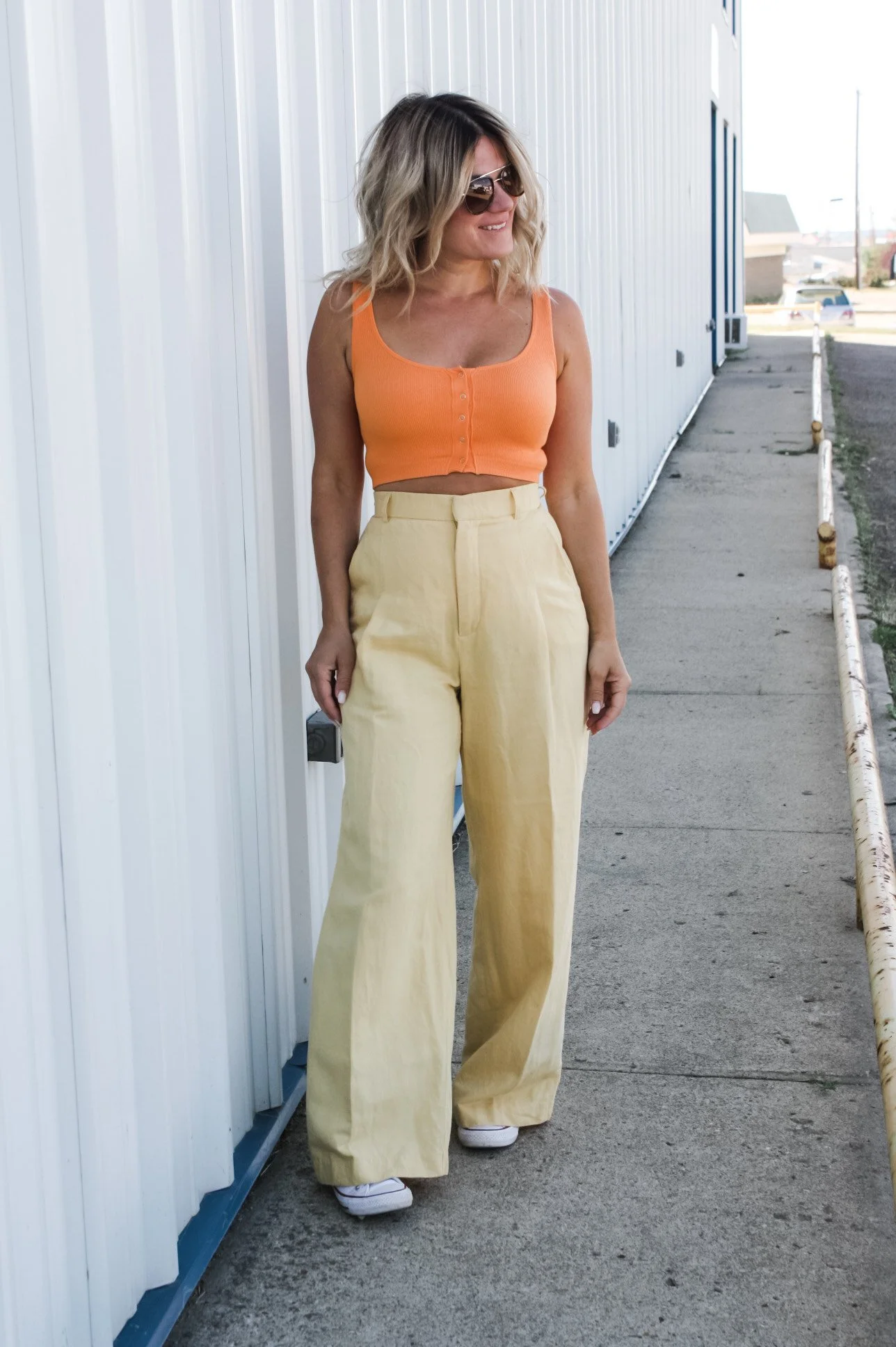 Vibrant Orange Crop Top with Yellow Wide-Leg Trousers for a Bold Brunch Vibrant Orange Crop Top with Yellow Wide-Leg Trousers for a Bold Brunch — Brunch Outfits 2027