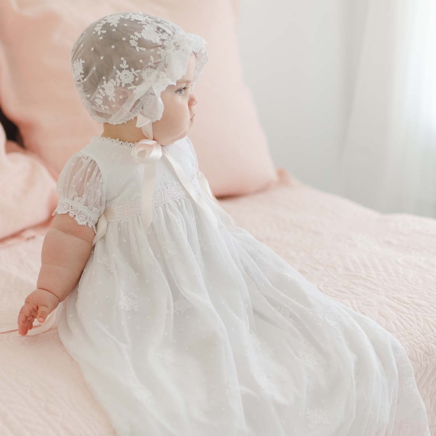 Classic White Lace Gown with Sheer Sleeves and Bonnet — Christening Outfits 2027