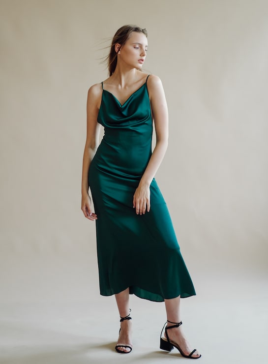 Dark Green Silk Slip Dress with Cowl Neck for Casual Elegance — Silk Dresses 2027