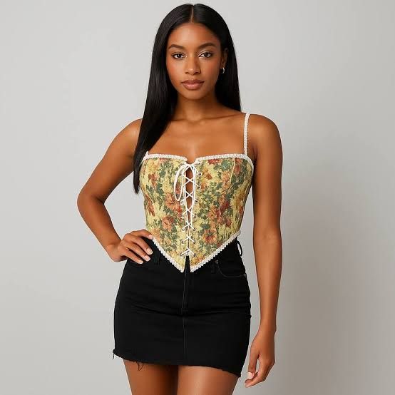 Yellow Floral Corset Top with Lace Trim and Black Mini Skirt Yellow Floral Corset Top with Lace Trim and Black Mini Skirt — Lace Corset Top Outfits 2027