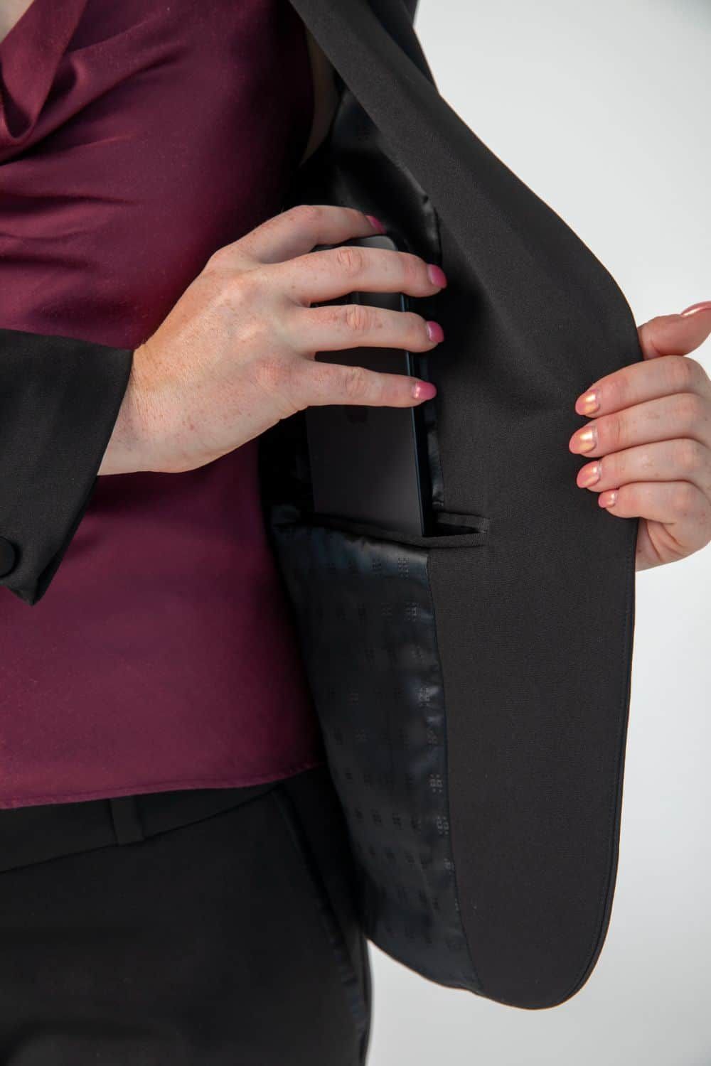 Blazer with Hidden Phone Pocket and Satin Top for Subtle Tech Integration Blazer with Hidden Phone Pocket and Satin Top for Subtle Tech Integration — Tech Office Outfits 2027