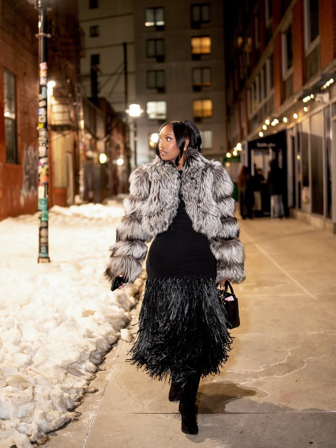 Feathered Hem Dress with Faux Fur Jacket Feathered Hem Dress with Faux Fur Jacket — Winter Photoshoot Outfits 2027