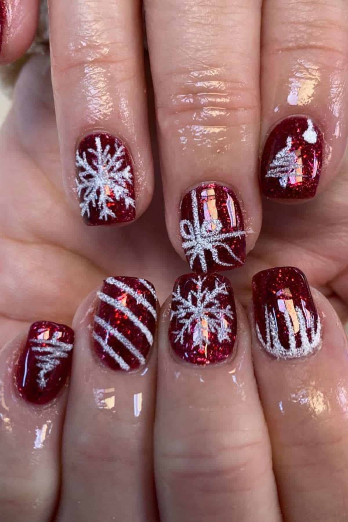 Deep Red Glitter with Silver Accents — Short Christmas Nails 2026