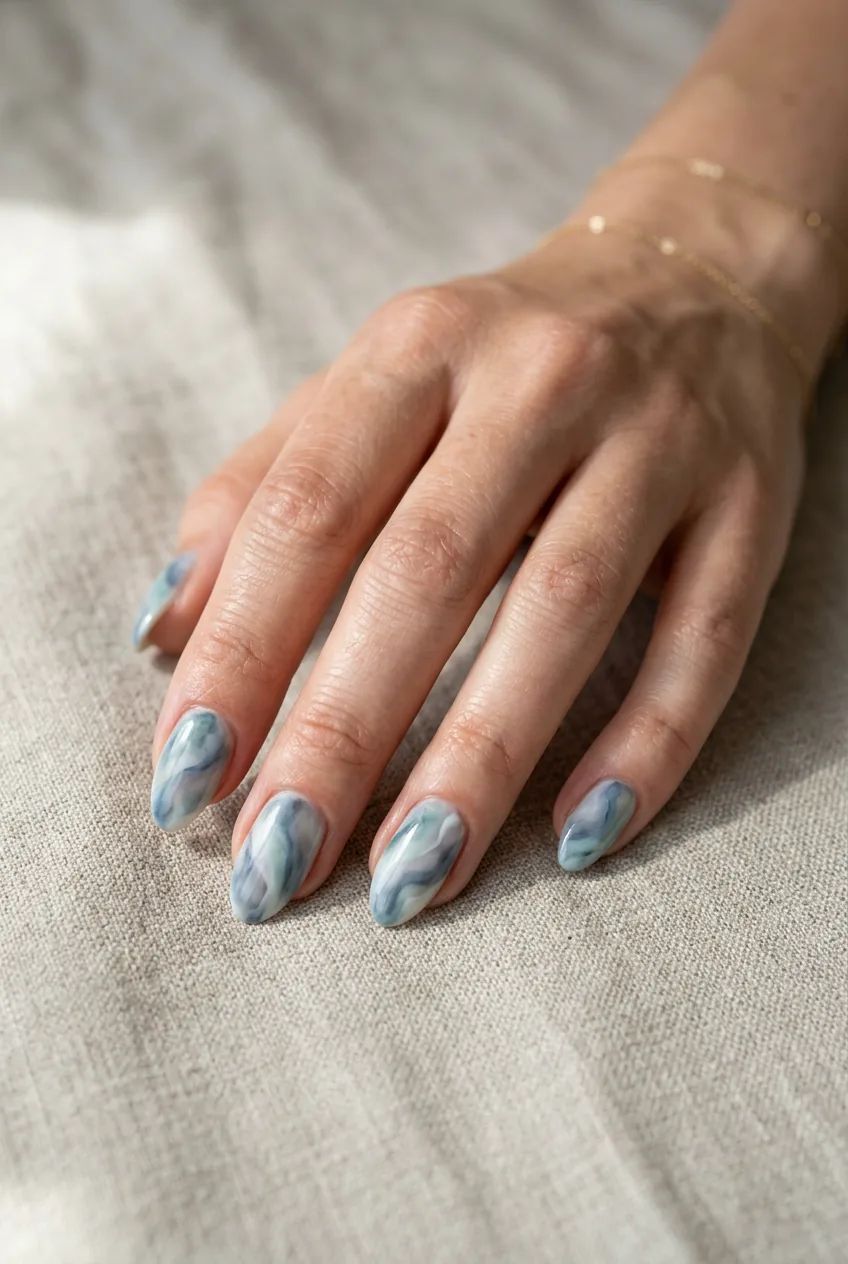 Medium Almond Muted Blue Grey Marble — Blue Watercolor Nails 2027