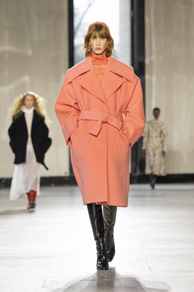 Vibrant Statement: Coral Wool Coat with Tie Belt and Orange Turtleneck — Cold Weather Outfits 2027
