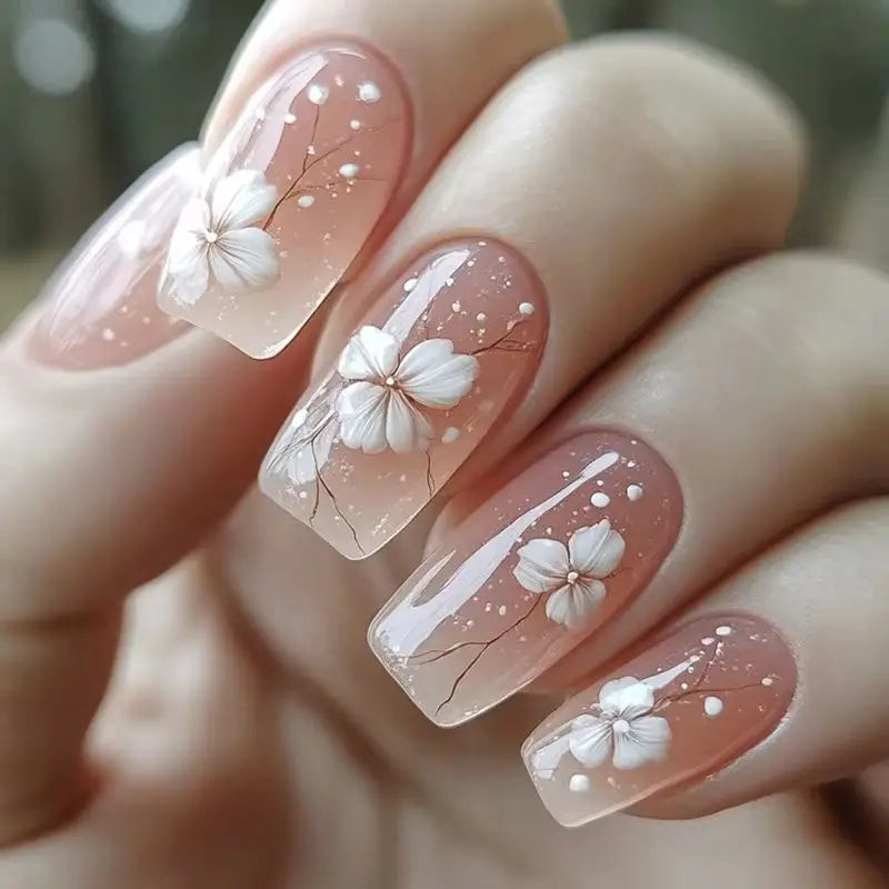 Nude Pink Gradient 3D White Flower Nails Nude Pink Gradient 3D White Flower Nails — Floral Nails 2027