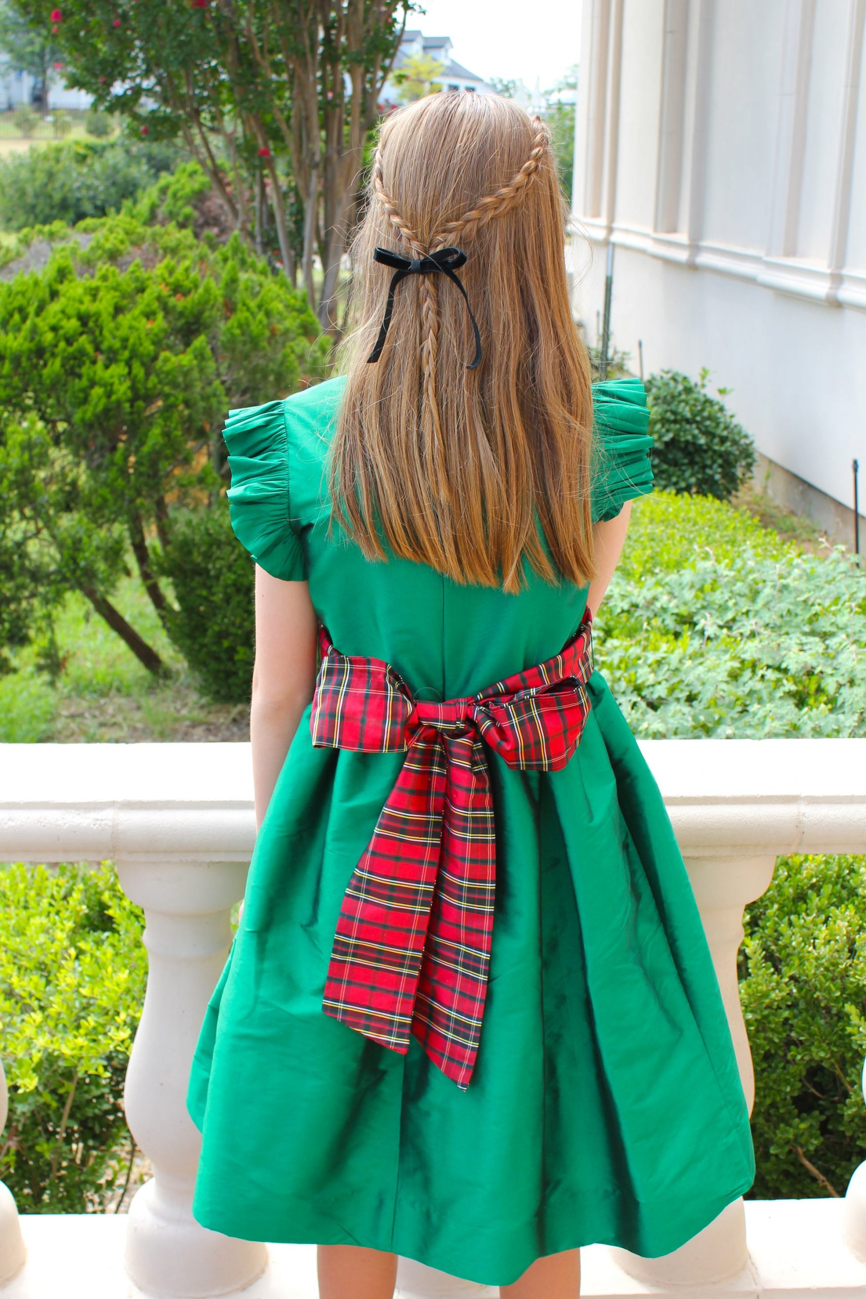 Vibrant Green Satin Dress with Plaid Bow Detail — Green Christmas Outfits 2026