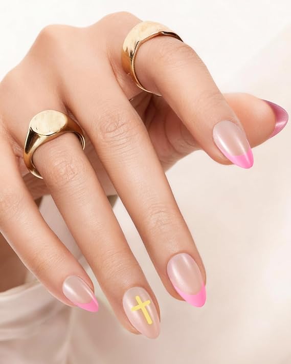 Pink French Tips with Yellow Cross Accent Pink French Tips with Yellow Cross Accent — Easter French Tip Nails 2027