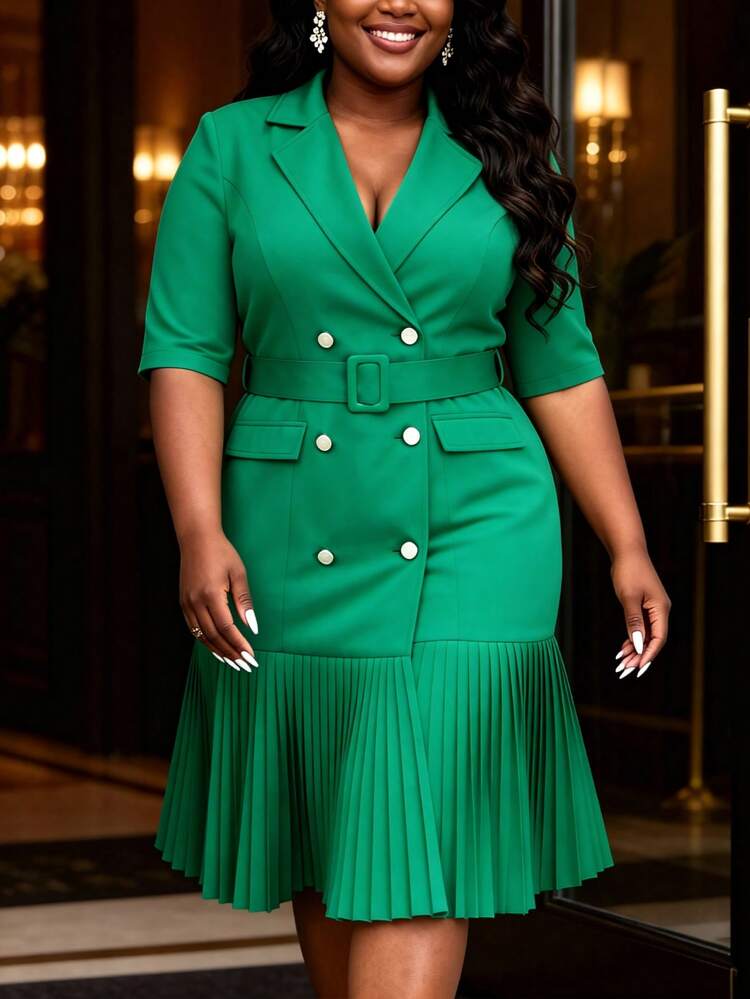 Polished Green Double-Breasted Dress for Business — Curvy Outfits 2027