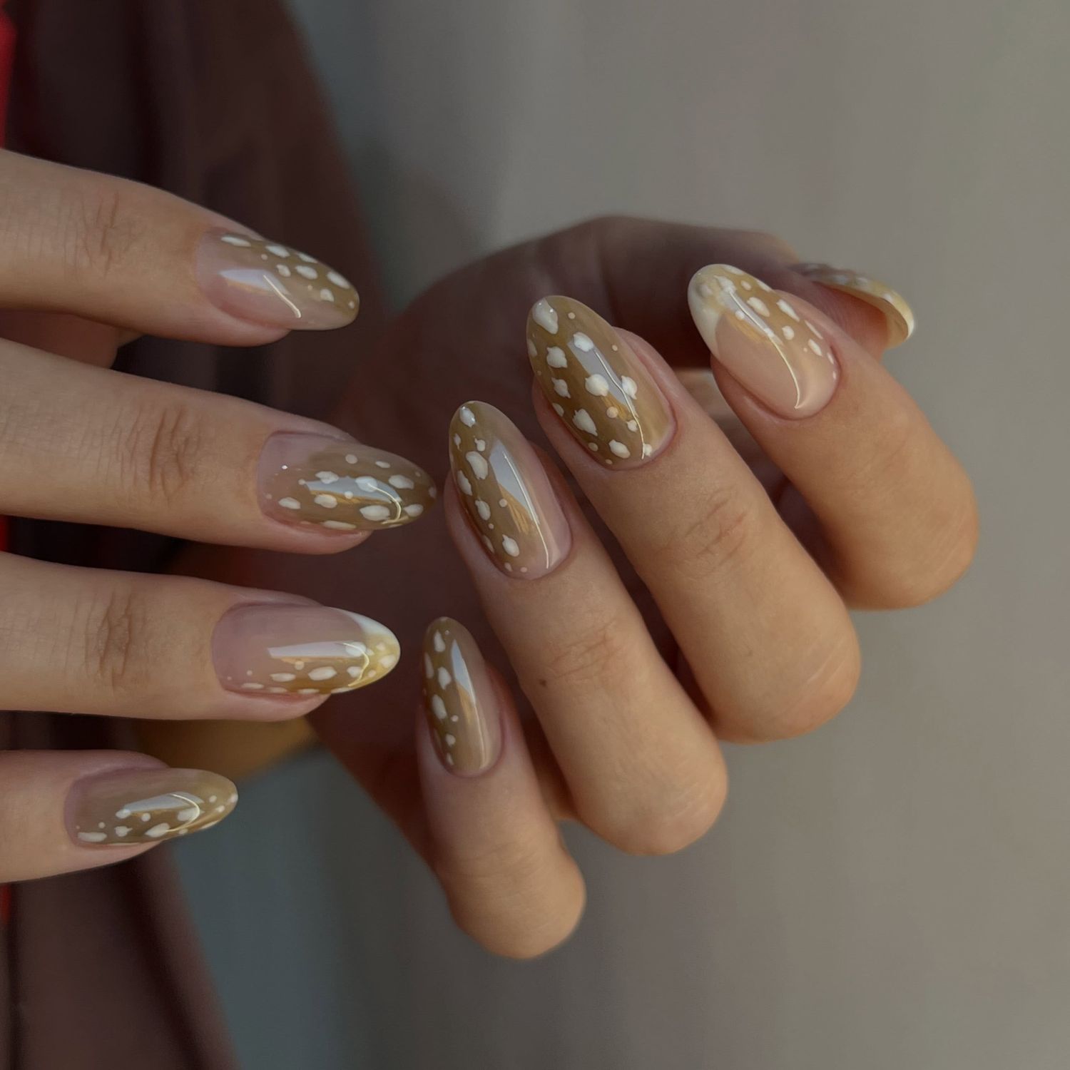 Long Oval Taupe with White Dots and French Tips Long Oval Taupe with White Dots and French Tips — Polka Dot Nails 2027