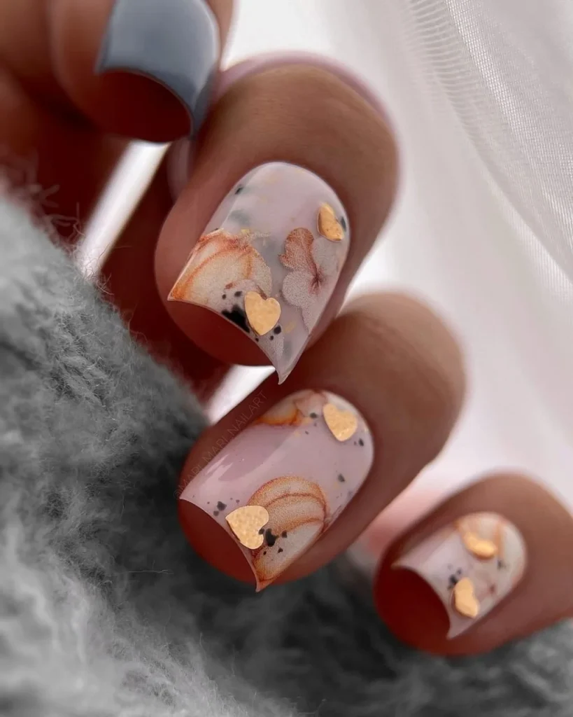 Pale Pink with Pumpkin and Gold Hearts — Simple Thanksgiving Nails 2026