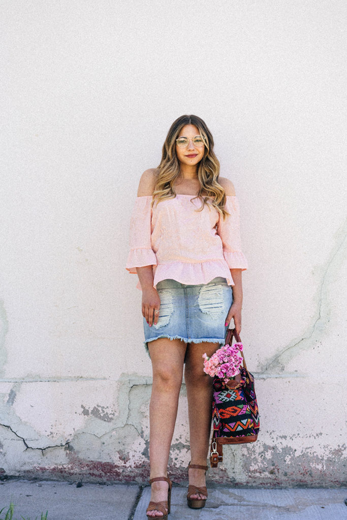 Pale Pink Lace Off-Shoulder Top with Distressed Denim Skirt — Off the Shoulder Top Outfits 2027