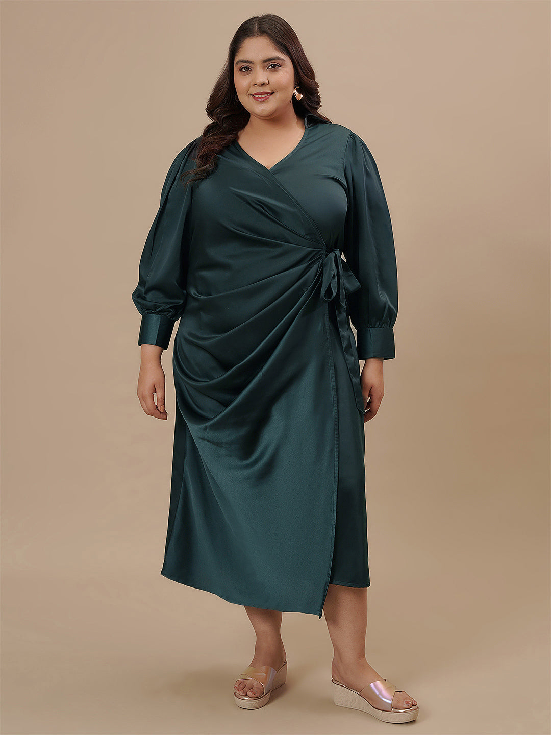 Deep Green Satin Wrap Dress with Puffed Sleeves — Wrap Dresses 2027
