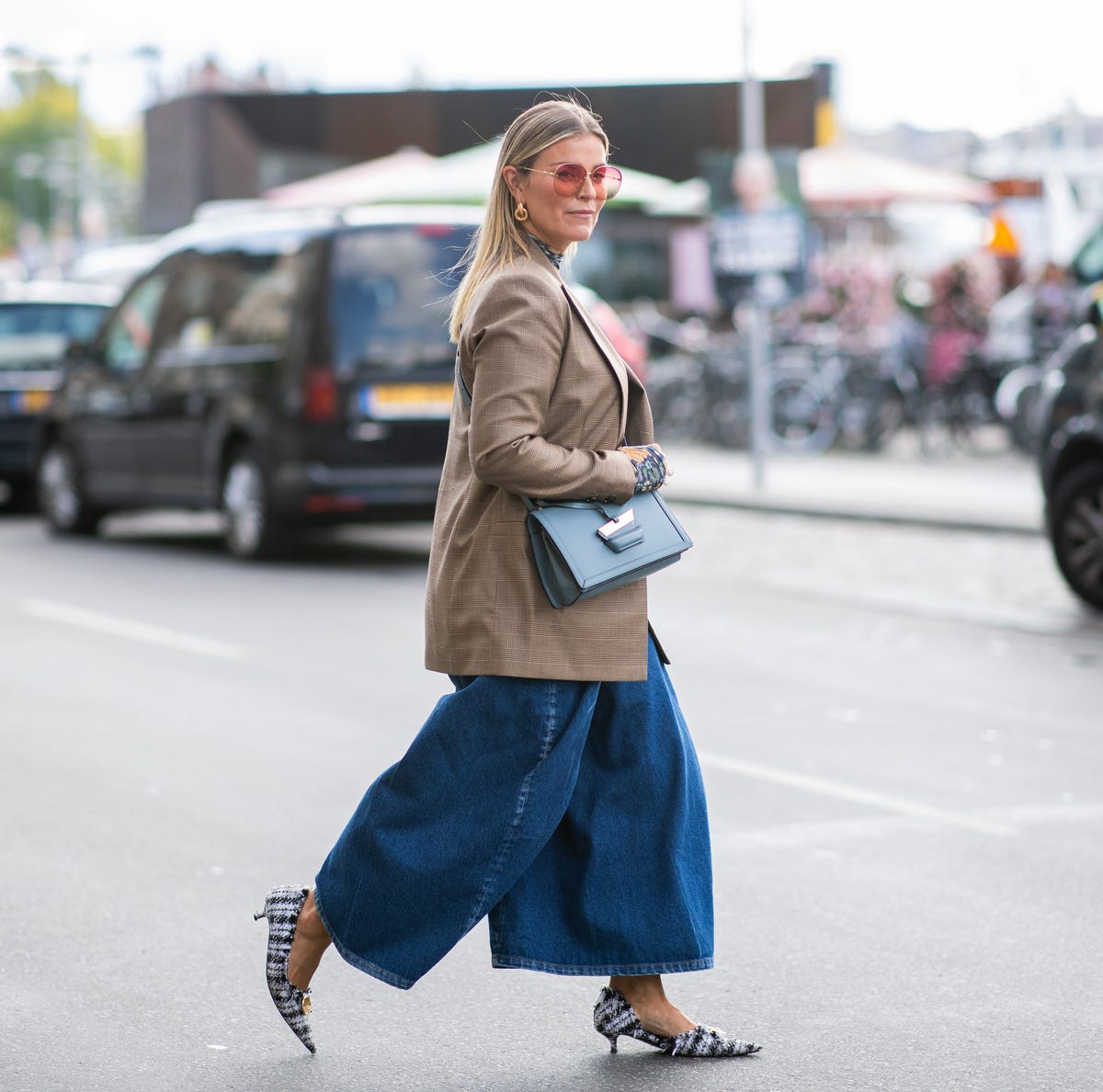 Casual Street Style: Extremely Wide Leg Jeans with Plaid Blazer — Wide Leg Jeans 2027