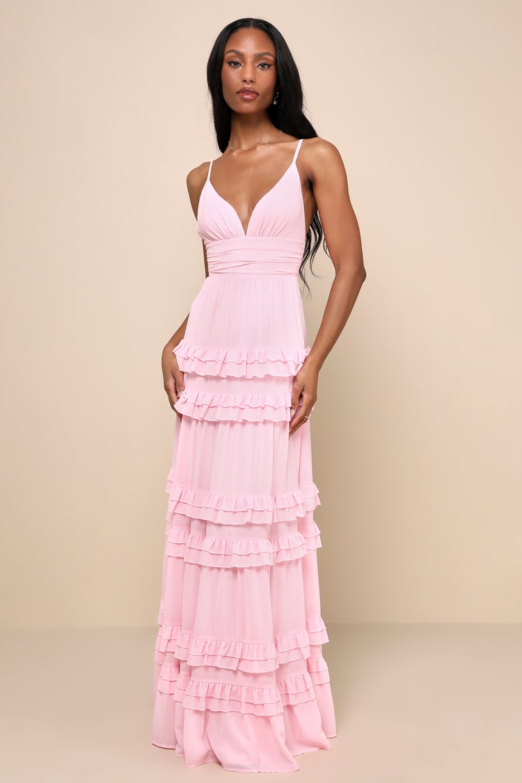 Light Pink Chiffon Maxi Dress with Tiered Ruffles Light Pink Chiffon Maxi Dress with Tiered Ruffles — Ruffle Dresses 2027