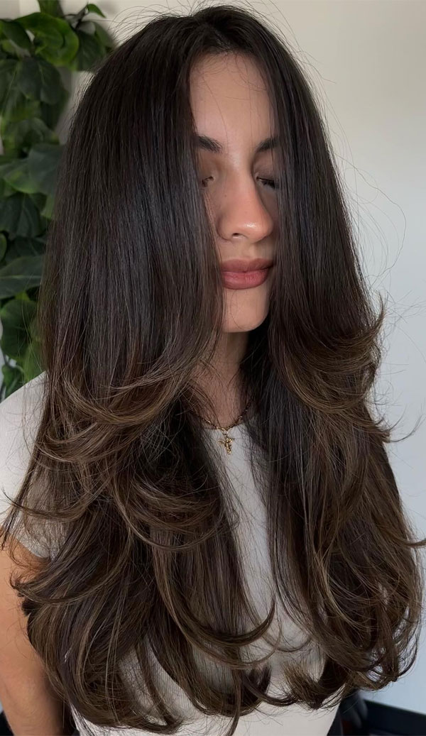 Voluminous Blowout With Caramel Highlights Voluminous Blowout With Caramel Highlights — Dark Brown Hair 2027