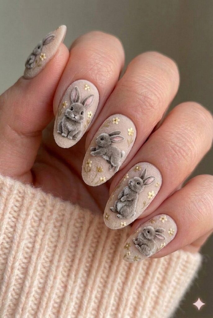 Realistic 3D Grey Bunnies on Matte Beige Realistic 3D Grey Bunnies on Matte Beige — Funny Bunny Nails 2027