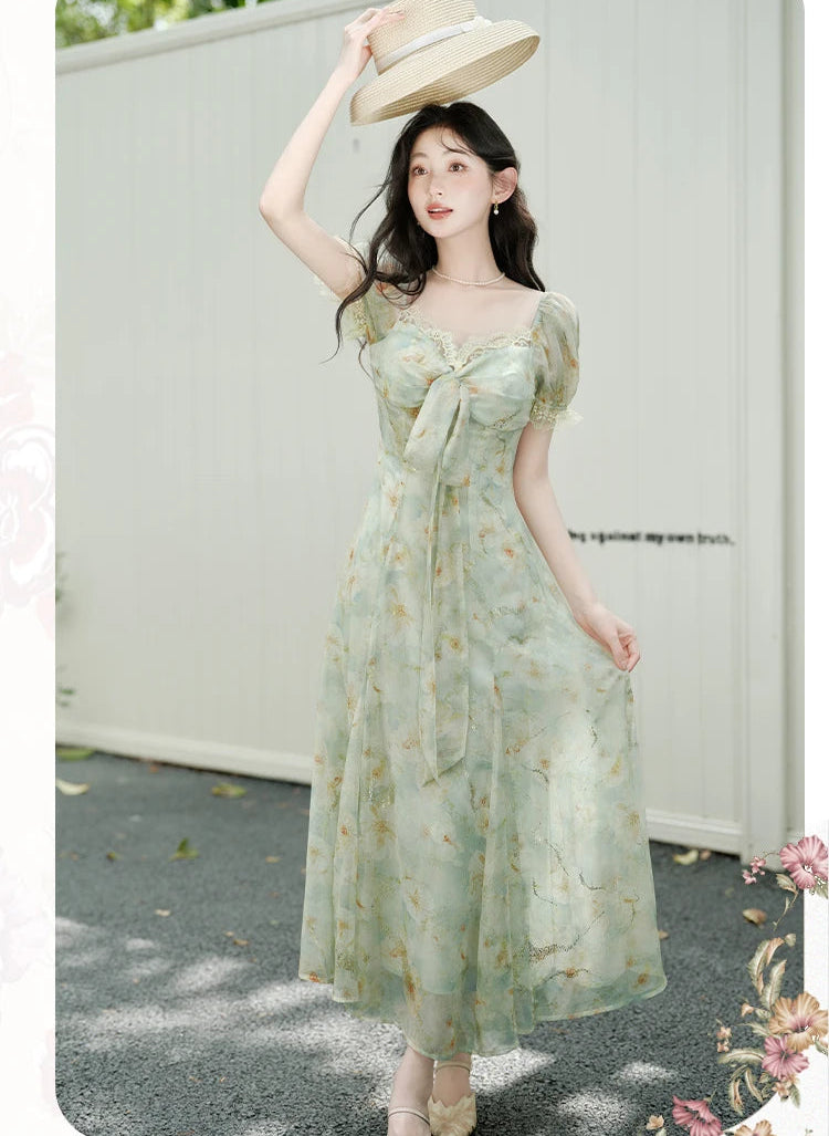 Mint Green Floral Chiffon Dress with Lace Trim and Straw Hat — Fairycore Outfits 2027
