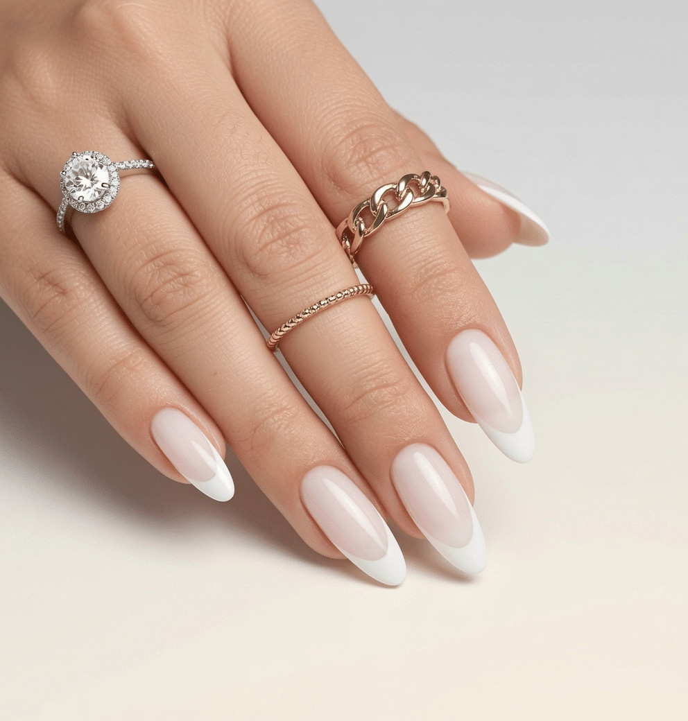 Milky Pink French Almond Glossy Rings Milky Pink French Almond Glossy Rings — Milky Nails 2027