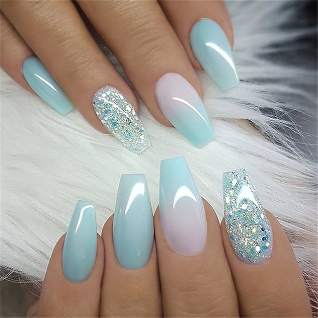 Glitter Glossy Light Blue Glitter Gold Snowflake Nails Glitter Glossy Light Blue Glitter Gold Snowflake Nails — Winter Coffin Nails 2027