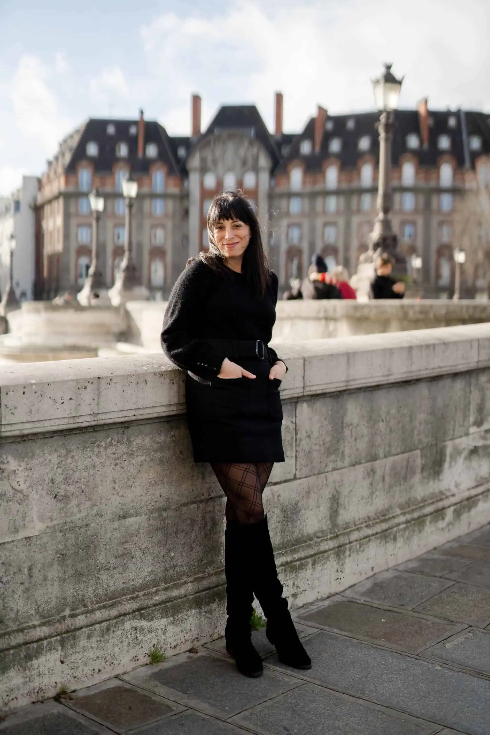 Textured Black Jacket and Skirt with Patterned Tights for a Chic Finish Textured Black Jacket and Skirt with Patterned Tights for a Chic Finish — Winter Date Night Outfits 2027