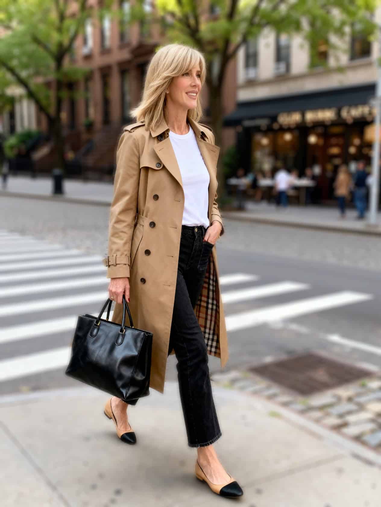 Camel Trench Coat with Red Plaid Lining and Black Jeans — Spring Outfits 2027 with Trench Coat