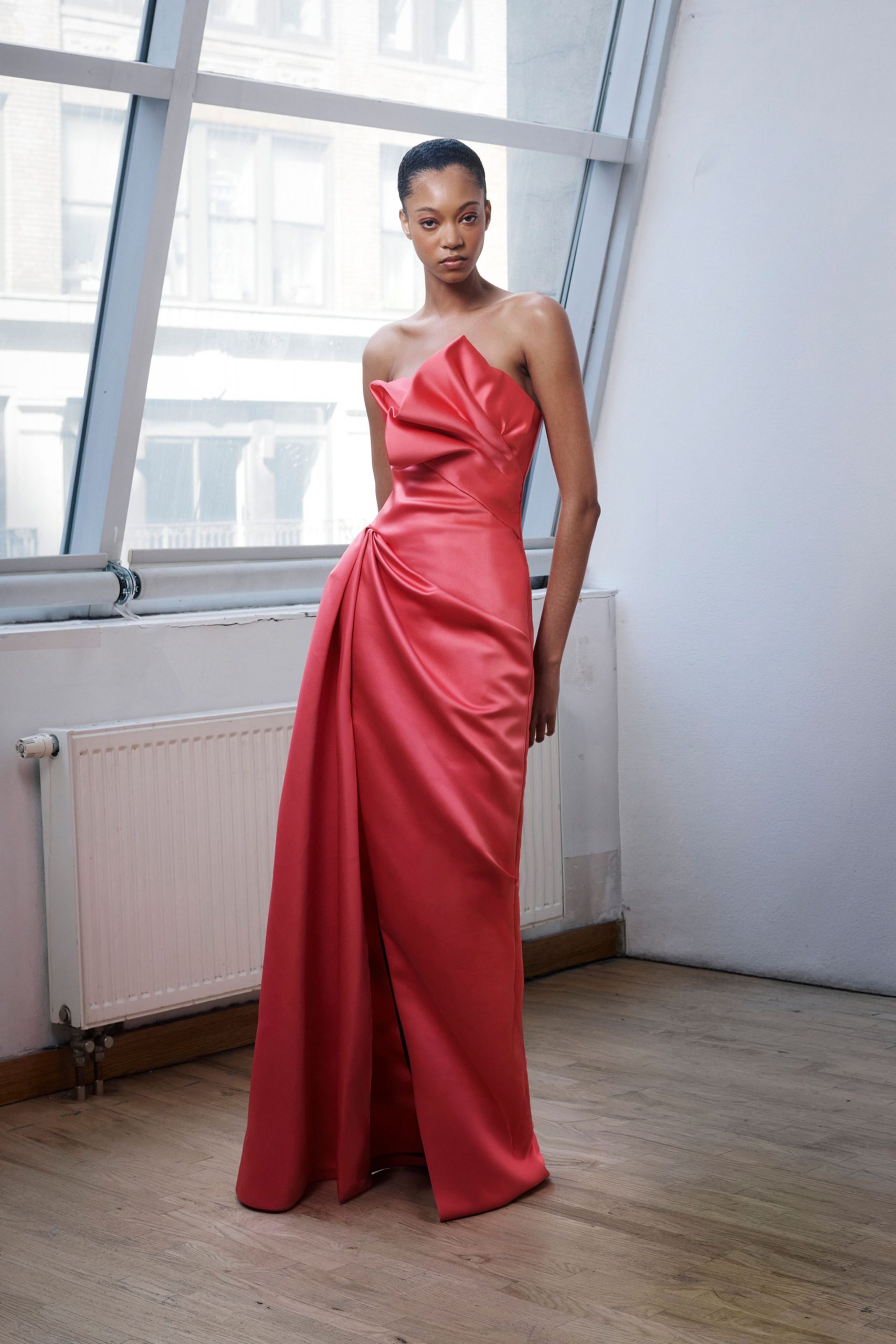 Coral Satin Gown with Strapless Neckline and Draped Skirt Coral Satin Gown with Strapless Neckline and Draped Skirt — Satin Dress Outfits 2027
