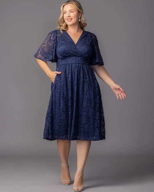 Wedding Guest Navy Blue Lace Wrap Dress with Flutter Sleeves Wedding Guest Navy Blue Lace Wrap Dress with Flutter Sleeves — Plus Size Wedding Guest Outfits 2027