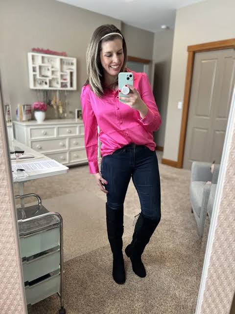 Hot Pink Satin Shirt with Dark Wash Skinny Jeans — Pink Valentines Outfits 2027
