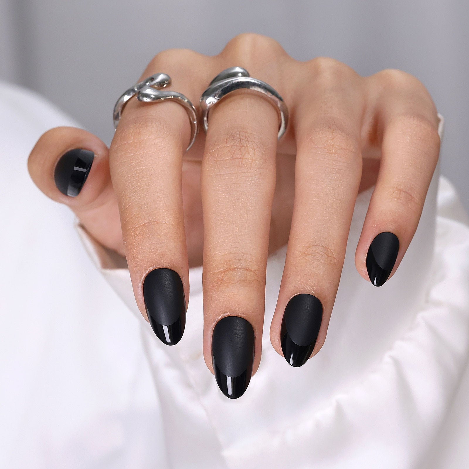 Matte Black Glossy Tip Almonds Matte Black Glossy Tip Almonds — Nails 2027 for Black Dress
