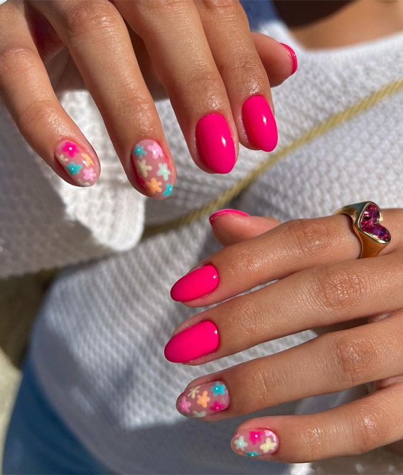 Bright Pink with Pastel Floral Accents Bright Pink with Pastel Floral Accents — Pink Rave Nails 2027