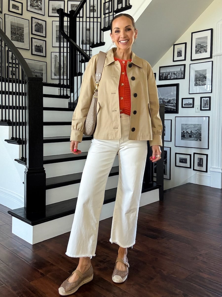 Off-White Raw-Hem Jeans Layered with an Orange Cardigan and Beige Jacket Off-White Raw-Hem Jeans Layered with an Orange Cardigan and Beige Jacket — Spring Outfits 2027 with Jeans