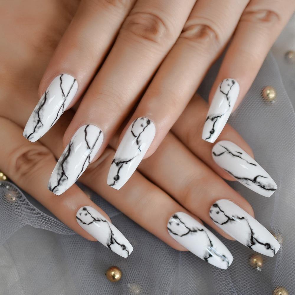 Realistic Black Marble Pattern Coffin Nails — Long Coffin Nails 2027