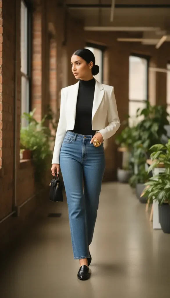 Cropped White Blazer with Black Turtleneck and Jeans — Corporate Baddie Outfits 2027