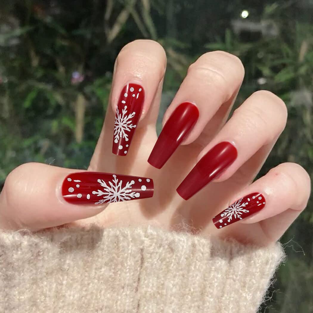 Deep Red Matte with Silver Snowflakes — Long Christmas Nails 2026