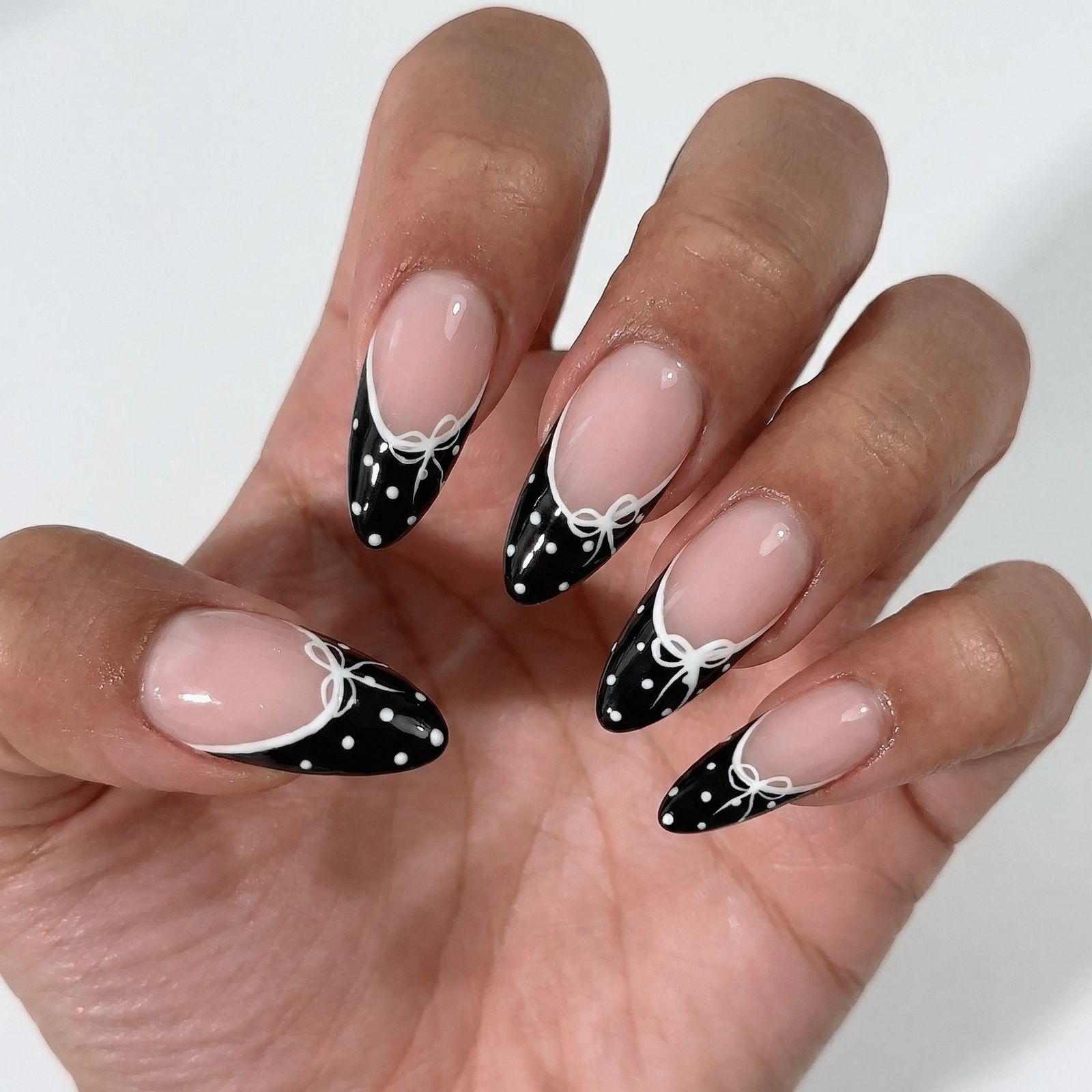 Playful Chic White Bow Black Polka Dot Almonds — Black Bow Nails 2027