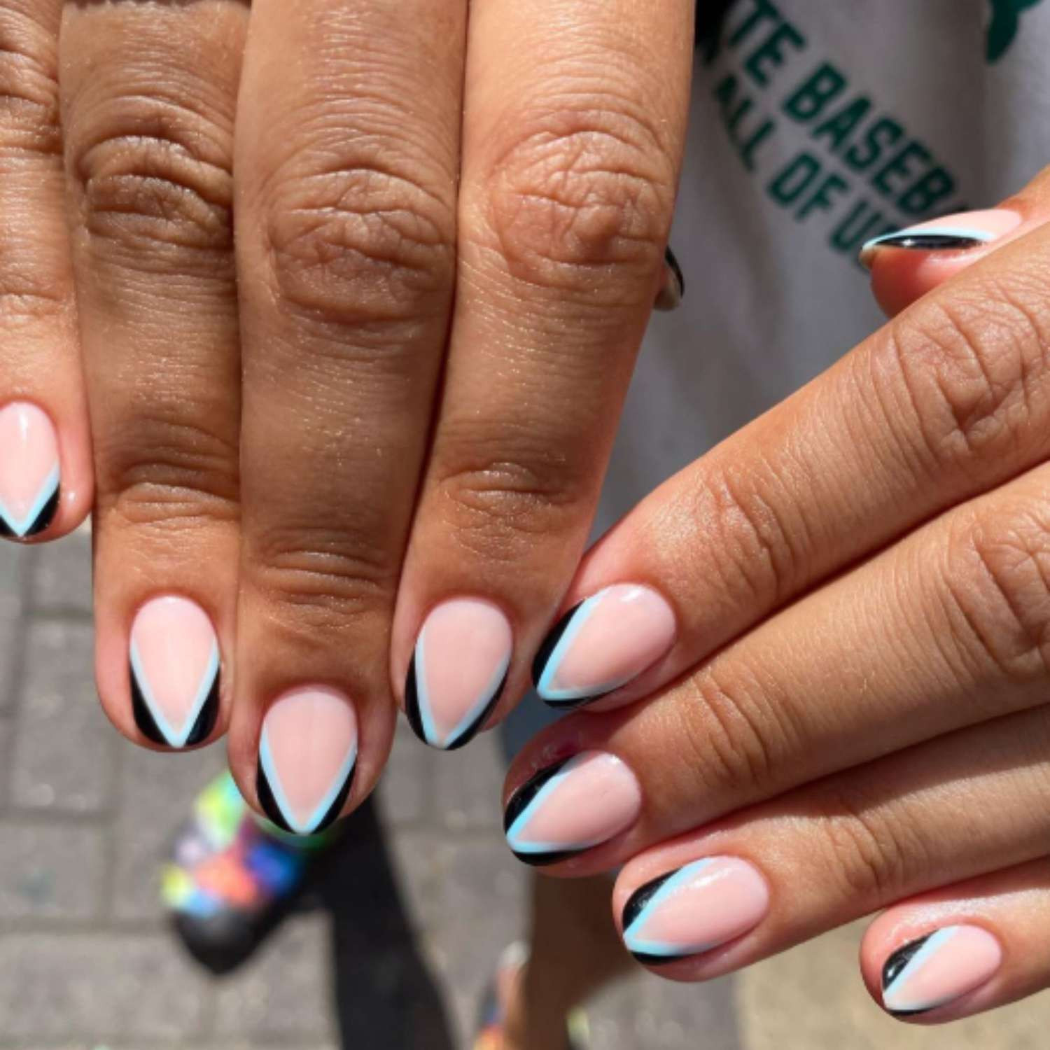 Black and Blue Double French Almond — Short Double French Tip Nails 2027