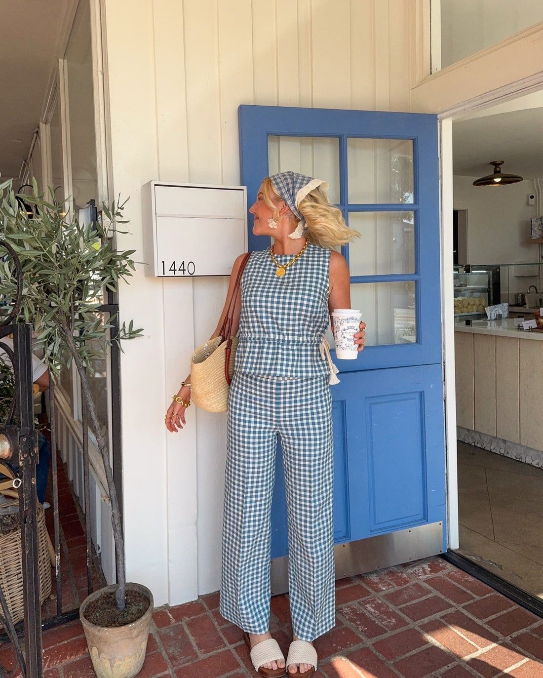 Blue Gingham Jumpsuit with Headscarf for Casual Summer Blue Gingham Jumpsuit with Headscarf for Casual Summer — Sleeveless Jumpsuit Outfits 2027